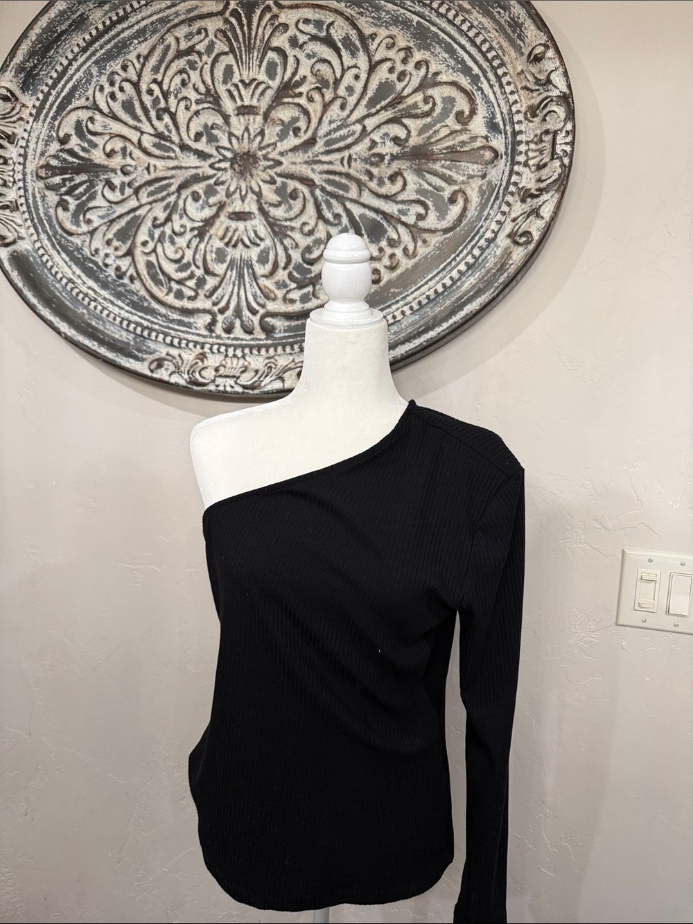 INC International Concepts One-Shoulder Black Ribbed Top